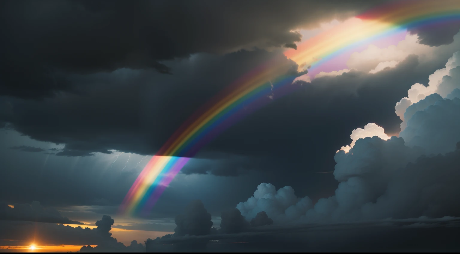 Dark clouds parting to reveal a vibrant rainbow in the evening sky.