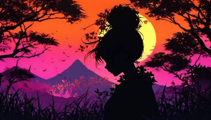 (Silhouette Art,cutouts:1.6)
(((Paper cutting art,A world where only black exists:1.3)

(Cowboy Shot),1 girl,Solo,
(Kimono Girl,profile:1.2),white, Clear and beautiful face,Sunrise behind

break
(morning glow、Viola　green grass:6.1)
Textured glass backgroun...