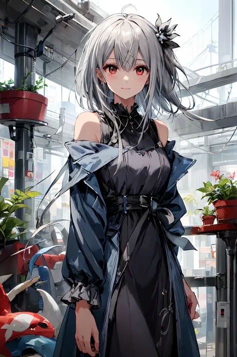 (tmasterpiece、top-quality、illustratio、Extremely high quality、high-level image quality、Extremely sensitive writing)White-haired girl standing in beautiful garden、A slight smile、She has a large bouquet、Cute national costume style dress，There are ruffles on t...