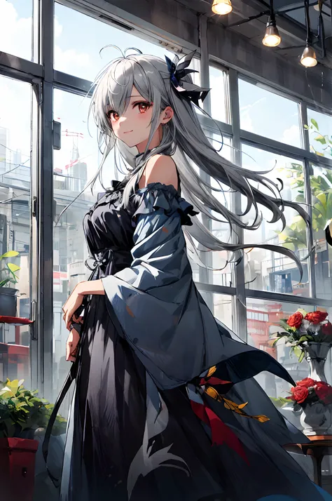 (tmasterpiece、top-quality、illustratio、Extremely high quality、high-level image quality、Extremely sensitive writing)White-haired girl standing in beautiful garden、A slight smile、She has a large bouquet、Cute national costume style dress，There are ruffles on t...