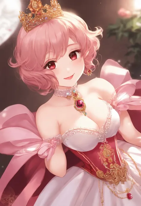 NSFW,One Little Girl,The dress is pulled up,Smile with open mouth,shame,Luxurious ornaments,Fantasia,noble,Princess,Ribbon on the head,Anime,((bared  chest)),(Short pink hairstyle) ,(Heterochromia),Revealing clothes, Lori,Poor chest,Curvaceous,Exposed geni...