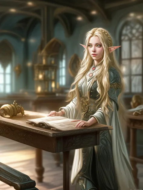 high details, best quality, 16k, [ultra detailed], masterpiece, best quality, (extremely detailed), ultra wide shot, photorealistic, a picture of an elf magical teacher (best details, Masterpiece, best quality: 1.5), teaching magical arts, [[manipulating m...