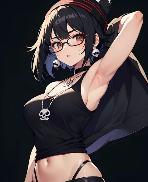 teenage, anime girl, glasses, black hair,bangs, underwears, short hair, skull earrings, black skull beanie, open clothes, ponytail, medium layer hair, large breasts, high quality, armpits, looking at viewer, black background, heart necklace, medium shot