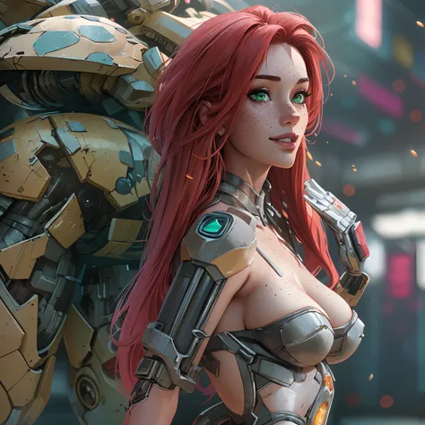 ((Best Quality)), ((Masterpiece)), (Very Detailed: 1.3), 3D, Icaru valkirie-mecha, Beautiful cyberpunk woman wearing crown with her red and blue mecha in ruins of a forgotten war city, long red hair, sci-fi technology, HDR (High Dynamic Range), ray tracing...