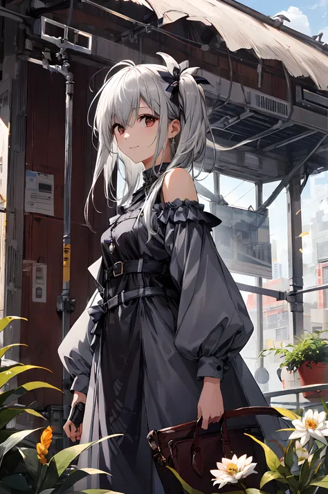 (tmasterpiece、top-quality、illustratio、Extremely high quality、high-level image quality、Extremely sensitive writing)White-haired girl standing in beautiful garden、A slight smile、She has a large bouquet、Cute national costume style dress，There are ruffles on t...