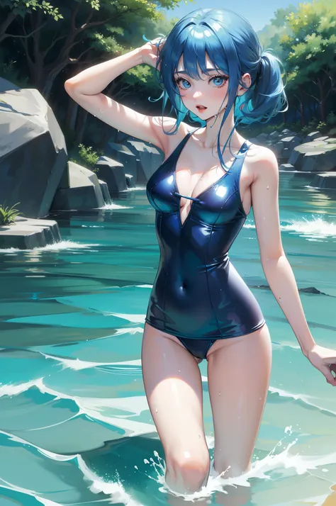 ((Best quality)), anime girl in a blue swimsuit standing in the water, wallpaper anime blue water, is wearing a swimsuit, wet swimsuit, wet blue hair