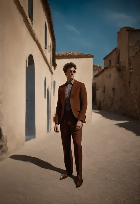 Un homme Handom (en rouge:1:1), (Dans le style de Patrick Demarchelier). porter une veste, Grand et en forme, (40 ans:1.1), (shaven:1.2), (short brown hair and a little curly:1.5),(very short hair:1.6). in the style of ethereal beauty, Realistic blue sky, ...