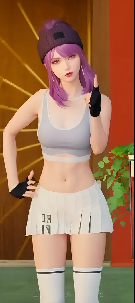 there is a woman with purple hair and a hat posing, tinyest midriff ever, sport bra and shorts, bra and shorts streetwear, inspired by Sim Sa-jeong, tifa lockhart with white hair, sport bra and shirt, wearing a sexy cropped top, bare midriff, detailed uppe...