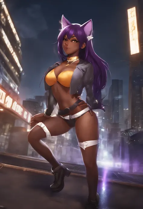 shihouin yoruichi, Nsfw, highres, shihouin yoruichi, cat ears, thighhighs, half-naked, 1girl, solo, dark skinned female, dark skin, ponytail hair, parted bangs, purple hair, yellow eyes , standing, cowboy shot, ribbon choker,  orange and white, cityscape, ...