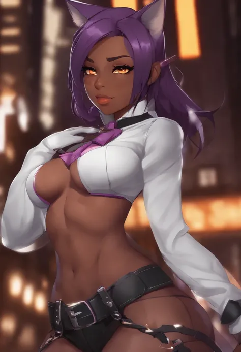 shihouin yoruichi, Nsfw, highres, shihouin yoruichi, cat ears, thighhighs, half-naked, 1girl, solo, dark skinned female, dark skin, ponytail hair, parted bangs, purple hair, yellow eyes , standing, cowboy shot, ribbon choker,  orange and white, cityscape, ...