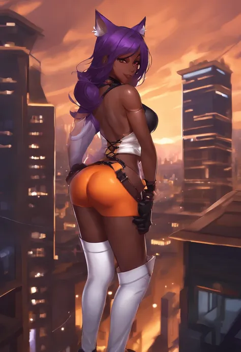 shihouin yoruichi, Nsfw, highres, shihouin yoruichi, cat ears, thighhighs, half-naked, 1girl, solo, dark skinned female, dark skin, ponytail hair, parted bangs, purple hair, yellow eyes , standing, cowboy shot, ribbon choker,  orange and white, cityscape, ...