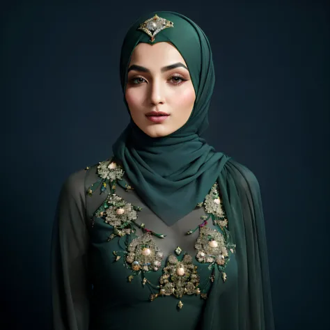 arafed woman wearing a green hijab and a tiable, inspired by Nazmi Ziya Guran, ornate dark green clothing, beautiful arab woman, inspired by Maryam Hashemi, wearing an ornate outfit, inspired by reyna rochin, dark green, elegant fashion model, wearing beau...