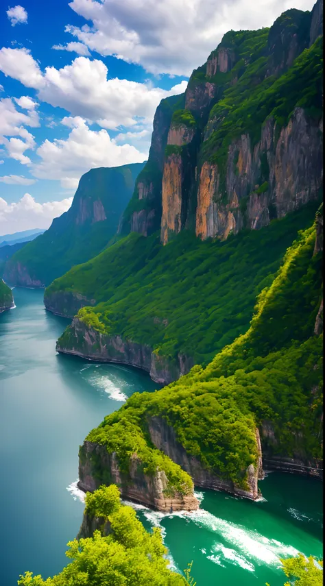 Masterpiece, ultimate quality, Cg unity 8k wallpaper, super delicate, beautiful sky and clouds, rich natural scenery, cliffs, lakes and rivers, waterfalls and flying water, beautiful green mountains, no trace of people, excellent scenery, has already won a...