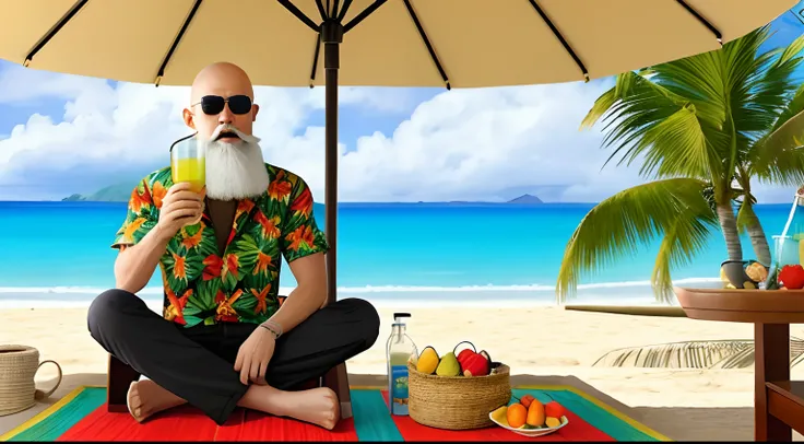full body shot, Master Roshi, (skin head) Black sunglasses, South Island, wearing colorful Aloha shirts, breeches, sandal, long white beard, sitting on the deck chair at sand beach, drinking the fruits drink under beach parasol