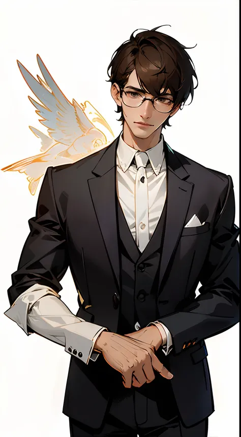 ((masterpiece,ultra-detailed, intricate details, best quality,illustration)),1man, solo, highres, looking at viewer, brown eyes, brunette, short hair, glasses, tall, thoughtful expression, wearing a suit, masculine, confident, dominant, powerful, handsome,...