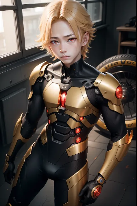 12-year-old boy　Golden hair、red eyes、Cyborg limbs、