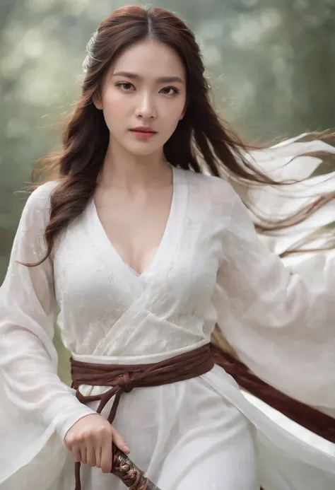 a close up of a woman in a white dress with a sword, a character portrait by Yang J, trending on CGSociety, Fantasy art, Beautiful character painting, Guviz-style artwork, Guviz, White Hanfu, flowing white robe, full-body wuxia, epic exquisite  character a...