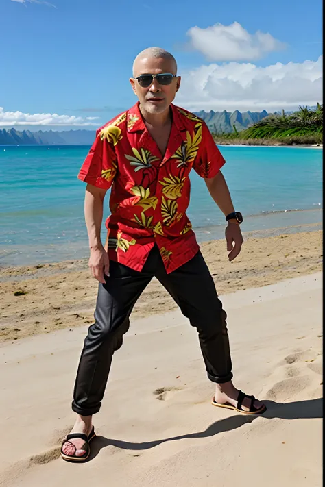 full body shot, chinese old man 1person, (skin head) black sunglasses, south island, sand beach, aloha shirts, breeches, sandal,...