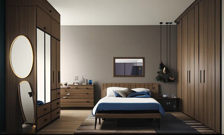 a rendering of a bedroom with a bed, dresser, and a mirror, 2 d render, bed room, comprehensive 2 d render, inside of a bedroom, bedroom interior, rendered in enscape, in style of 3d render, flat 2 d, low angle dimetric rendering, colour, inspired by Reini...