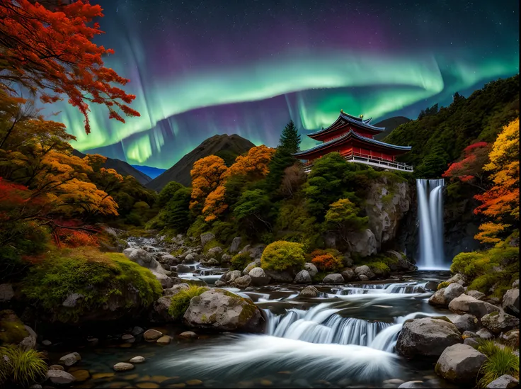 best quality, masterpiece, beautiful wild and natural fantasy landscape with glowing soft lights aurora beautiful waterfall in New Zealand, Japanese temple on the rock under waterfall, fall season, momiji leaf, milkyway、