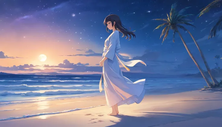 shining brightly above her, her eyes closed in deep concentration. The gentle sound of waves crashing against the shore creates a soothing rhythm that matches the tranquility of the scene. The girl sits cross-legged, her petite figure illuminated by the so...