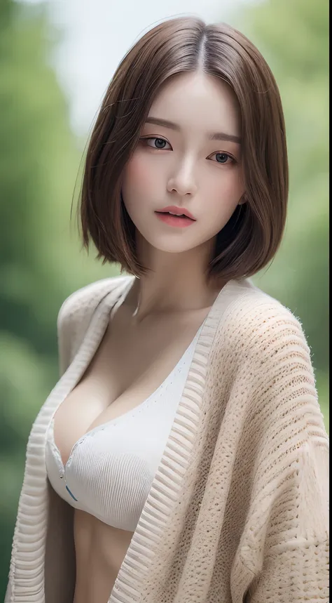 ((Best quality, 8k, Masterpiece :1.3)), 1girl, Pretty woman with slender abs :1.3, (Medium-short hair, Huge breasts :1.2), Cardigan :1.1, Ultra-detailed face, Detailed eyes, Double eyelid