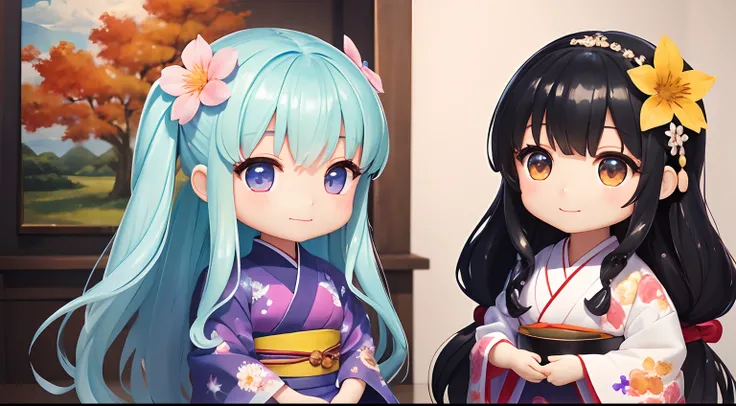 photoRealstic、Two dolls standing in front of the painting（nendroid）、A smile、Water droplets on the cheeks、In a cute pose、watercolor Nendoroid、(High Definition Figure)、Flowing iridescent silk、up of face、Eye Up、Komono、Kimono、There are also flowers in front of...