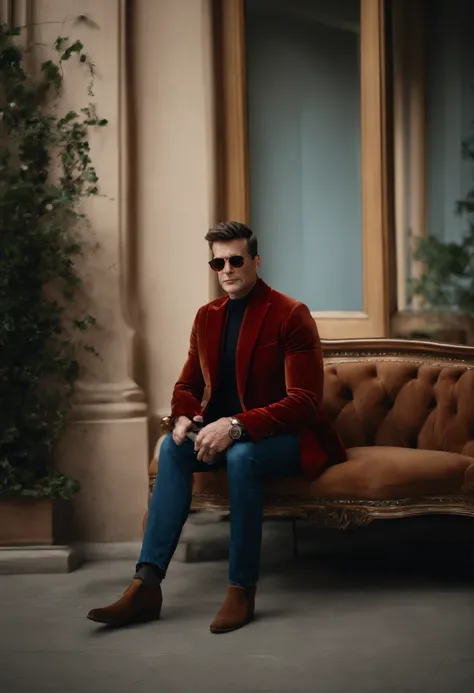 A handsom man in red, the style of patrick demarchelier. wearing a red velvet jacket and blue jeans , Tall and fit, (40 years old:1.1), (shaven:1.2), (short  brown hair:1.5),(very short hair:1.6). in the style of ethereal beauty, realistic blue skies, hass...