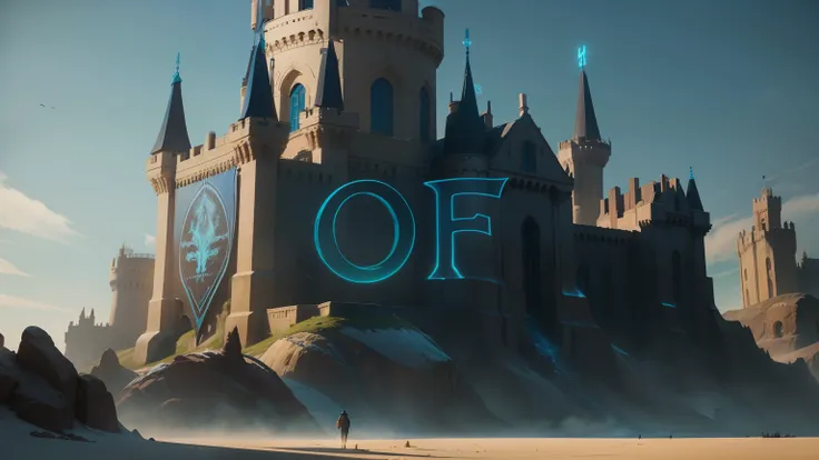 Tales of crafting made from avatar font logo art with castle in the background,epic dune,change colour from green to blue,ultra realistic,8k