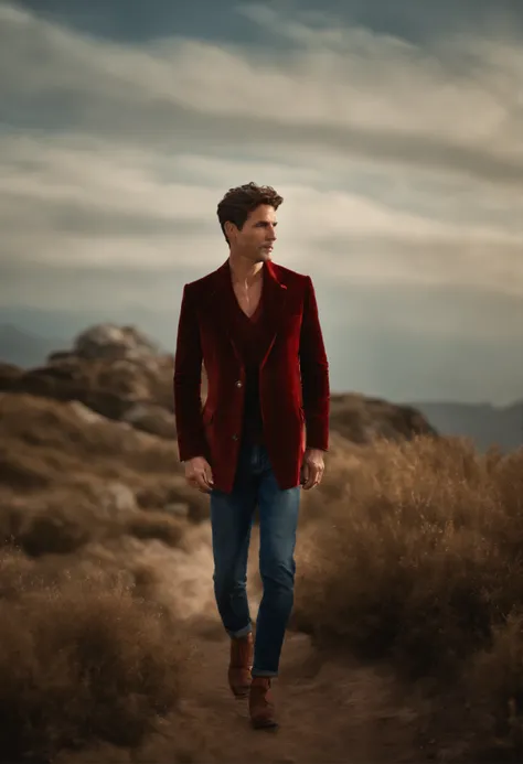 Un homme en rouge, Le style de Patrick Demarchelier. Dressed in a red velvet jacket and blue jeans , Grand et en forme, (40 ans:1.1), (shaven:1.2), (short brown wavy hair:1.5),(very short hair:1.6). in the style of ethereal beauty, Realistic blue sky, Hass...