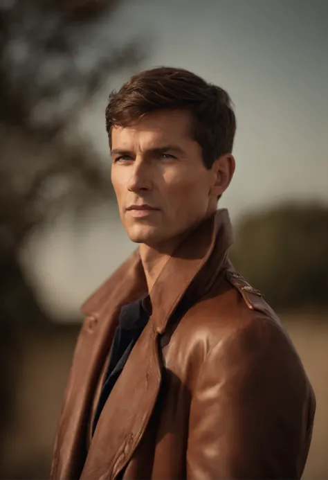 Un homme Handom (en rouge:1:1), (Dans le style de Patrick Demarchelier). porter une veste, Grand et en forme, (40 ans:1.1), (shaven:1.2), (short brown hair:1.5),(very short hair:1.6). in the style of ethereal beauty, Realistic blue sky, Hasselblad 1600F, H...