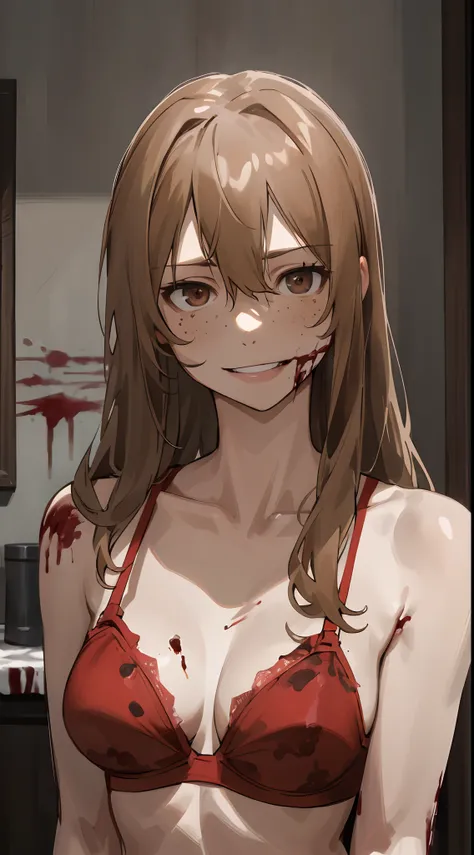 masterpiece, best quality, highres, aoki1, brown eyes, freckles, bra, thong, indoors, evil smile, upper body, bloody, (((blood on face, dominant mistress)))