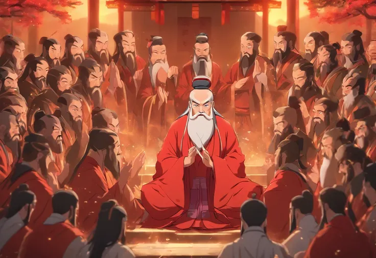 Confusiu、Confucius preaching ideas to his disciples、Disciples listening attentively、