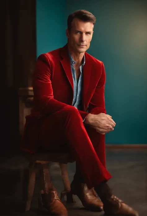 A handsom man in red, the style of patrick demarchelier. wearing a red velvet jacket and blue jeans , Tall and fit, (40 years old:1.1), (shaven:1.2), (short brown hair:1.5),(very short hair:1.6). in the style of ethereal beauty, realistic blue skies, hasse...