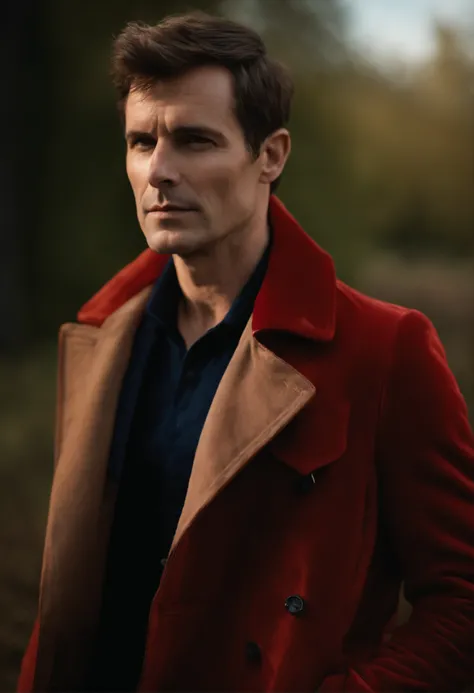 A handsom man in red, the style of patrick demarchelier. wearing a red velvet jacket and blue jeans , Tall and fit, (40 years old:1.1), (shaven:1.2), (short brown hair:1.5),(very short hair:1.6). in the style of ethereal beauty, realistic blue skies, hasse...