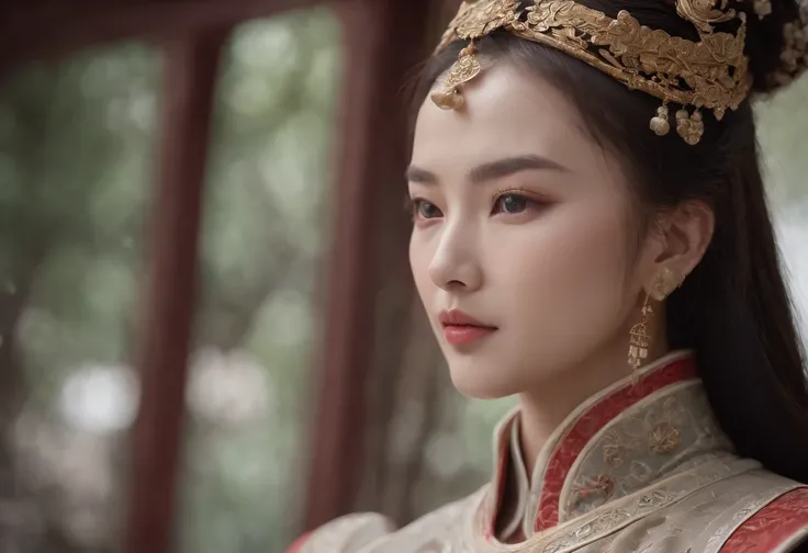 Feng Shen List，tmasterpiece，ultra fine photos，，best qualtiy，超高分辨率，Photoreality，Chiaroscuro，（full-body portraits），stunningly beautiful，dynamicposes，delicated face，Bigchest，Murderous eyes，（seen from the side），She wears ancient Chinese armor，very highly detai...