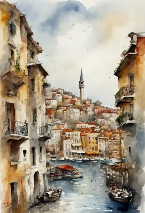 rain falling、View of Galata Harbor and the gorgeous Bosphorus(Style by Jean-Paul Clokinneur). das boot, Clouds, watercolor paiting, architectural drawing, closure, with floor plan, pens, [Ink color], Dirty Tone, Colored