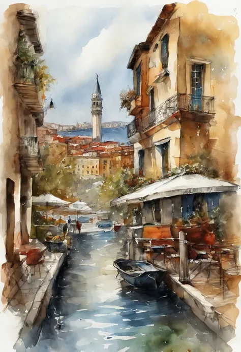 rain falling、View of Galata Harbor and the gorgeous Bosphorus(Style by Jean-Paul Clokinneur). das boot, Clouds, watercolor paiting, architectural drawing, closure, with floor plan, pens, [Ink color], Dirty Tone, Colored