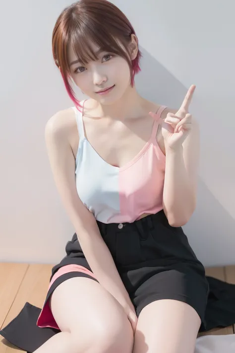 The upper part of the body、top-quality、hight resolution、short-hair、bustshot、Flashy colored hair、Hair color mixed with pink and light blue、Black shoulder straps、white t-shirts、wide neck、shoulder straps hanging on the collarbone、Check pattern skirt、Red and b...