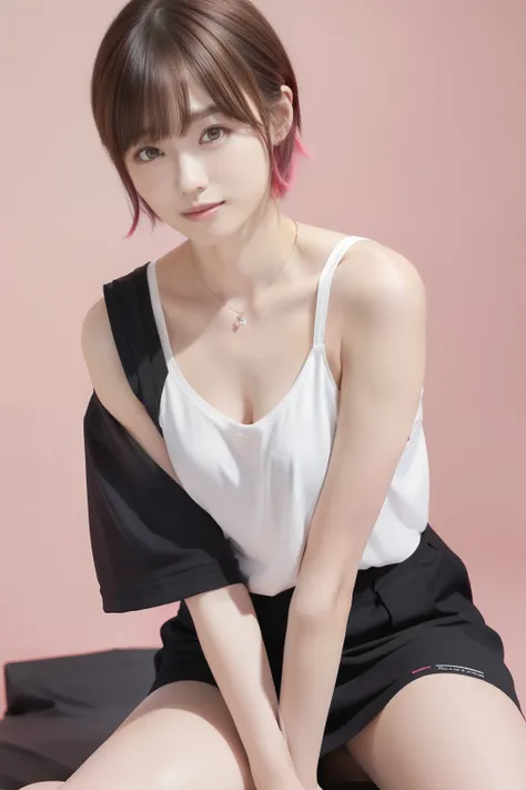 The upper part of the body、top-quality、hight resolution、short-hair、bustshot、Flashy colored hair、Hair color mixed with pink and light blue、Black shoulder straps、white t-shirts、wide neck、shoulder straps hanging on the collarbone、Check pattern skirt、Red and b...