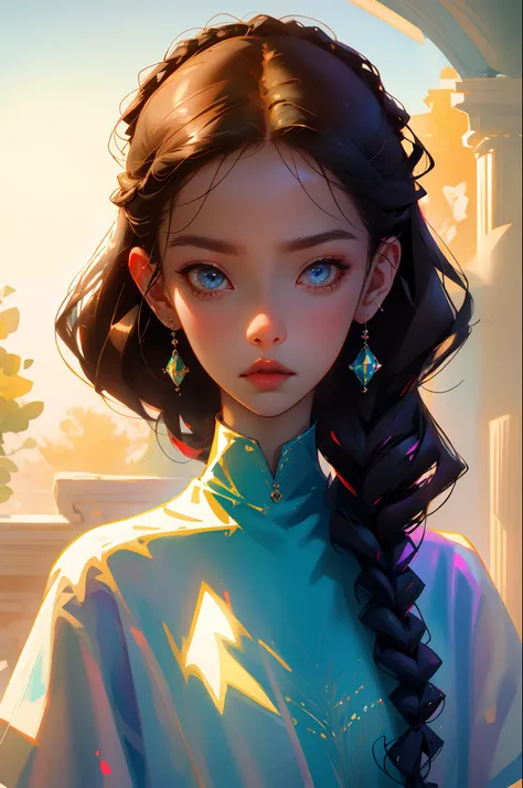 with a pure white background，Colorful hair，long whitr hair，Colorful braided hair，one-girl，solo，Look at the lens at the highest quality，Light blue eyes，（（Strands of hair）），鎖骨，Loose shirt，Sweet cool，cuteexpression，Cute earrings，（（with rainbow colored backgro...