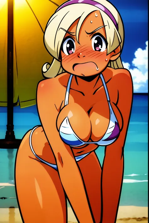 NSFW,1girl in,bikini of,Beach,Large breasts,embarrassed、Mass sweat