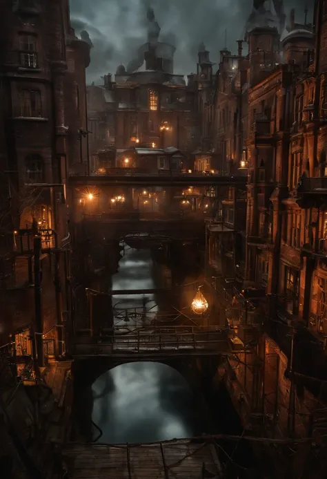 (((Steampunk))),city,(((Crowded buildings))),Exposed gears and pipes,(((Dim light))),Submerged ground,((gear wheel)),((Thick pipe)),Covered bridge,The perspective is from bottom to top, Reflects the height of the building,Dark weather,Smoking chimney,(((Me...