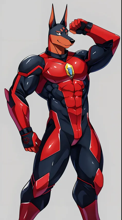 masterpiece, Best Quality, anime style illustration,  kemono,furry,Simple background, solo, 1male, Doberman male, muscular body,  hero suit, hero logo, red bodysuit, tight bodysuit, Look at viewers,full body,