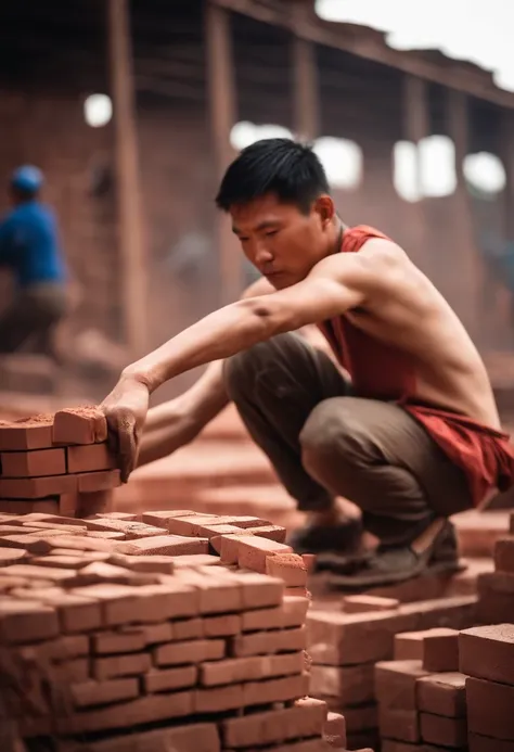 A sweaty young Chinese man moving bricks at a construction site，photore，Real Scene