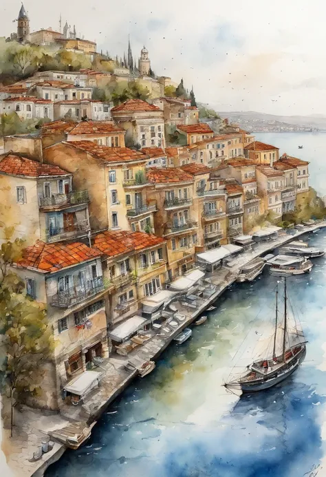 Delorean、rain falling、View of Galata Harbor and the gorgeous Bosphorus(Jean-Paul Krokinurs style). das boot, Clouds, watercolor paiting, architectural drawing, closure, With floor plan, pens, [Ink color], Dirty Tone, Colored