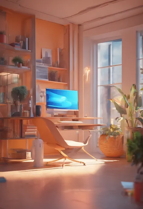 there is a computer desk with a monitor and a chair in front of it, futuristic interior, futuristic room, retro futuristic apartment, futuristic room background, futuristic looking living room, futuristic architectural art, desktopography, sci - fi interio...