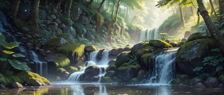 "Serene forest scene with a captivating small waterfall amidst lush foliage and glistening water."