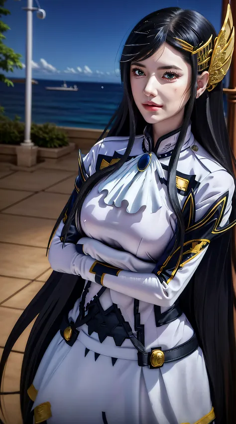 brunhilde from the anime record of ragnarok, long hair, black hair, green eyes, beautiful woman, very beautiful, perfect body, perfect breasts, tall body, standing, looking at the audience, smiling slightly wearing white clothes, masterpiece, textured leat...