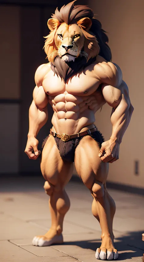 make me 3d cartoon lion that stands on 2 legs like a muscular human